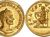 a gold coin with an image of a man holding a sword