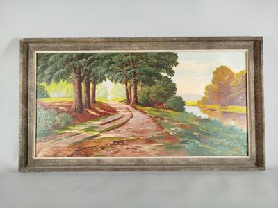 tableau représentant une route de campagne bordée d'arbres, avec une rivière au loin