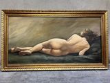 an oil painting of a nude woman laying down on a bed