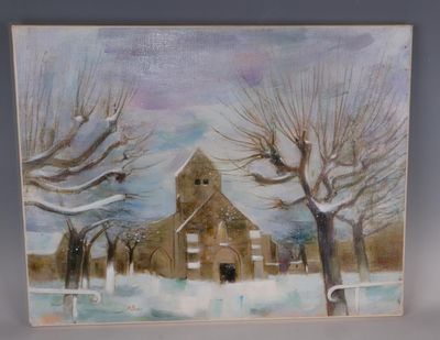 un tableau représentant une grange sous la neige accroché au mur