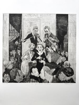 dessin en noir et blanc représentant un groupe de personnes dans un salon