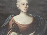 un vieux tableau représentant une femme en robe rouge avec un châle bleu