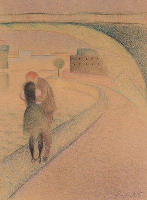 dessin représentant un homme et une femme marchant sur une route