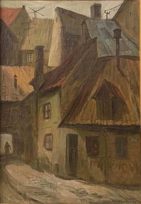 peinture d'une scène de rue avec des bâtiments et une personne marchant dans la rue