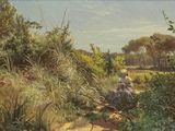un tableau représentant deux personnes assises sur un banc dans les bois