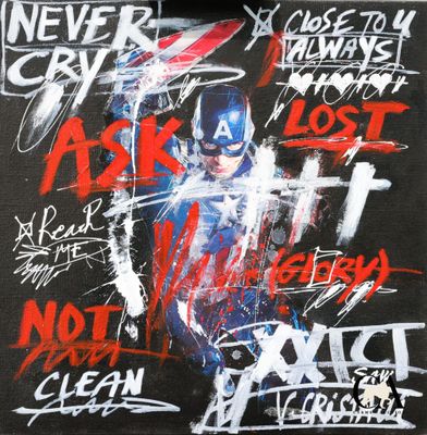 un gros plan d'un tableau représentant Captain America sur fond noir