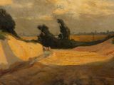 painting of a dirt road with trees on either side of the road
