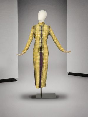 une photo d'un mannequin portant une robe jaune et violette