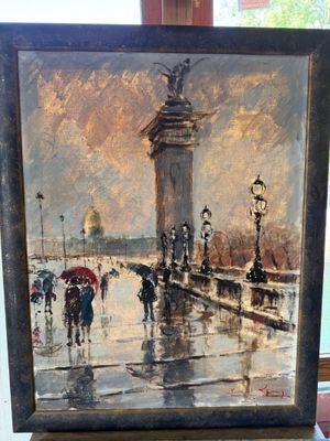 a painting of people walking in the rain with umbrellas