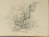a drawing of a man sitting on a bench in the woods