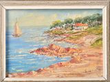 a painting of a sailboat on the water by the shore