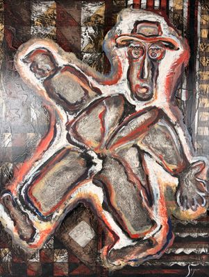 abstract painting of a man holding a baseball bat in his right hand