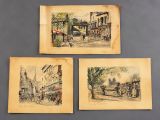 three old watercolor paintings of a street scene with a horse drawn carriage