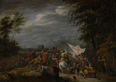 tableau représentant un grand groupe de personnes à cheval dans une zone boisée