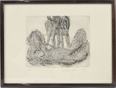 drawing of two dogs standing on a rock in a frame