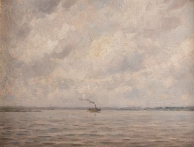 un tableau représentant un voilier au milieu de l'eau