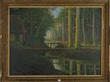 tableau représentant une scène forestière avec une rivière et une cabane en arrière-plan