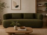 a green couch in the middle of a living room
