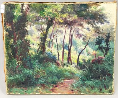 an oil painting of a path through a forest with trees