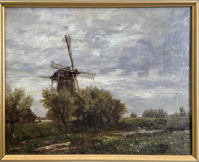 une peinture à l'huile représentant un moulin à vent dans un champ bordé d'arbres