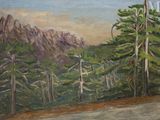 a painting of a mountain scene with trees on the side of the road