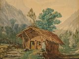 tableau représentant une cabane au bord d'une rivière, avec des montagnes en arrière-plan