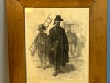 tableau représentant un homme vêtu d'un manteau noir et d'un chapeau, tenant une canne