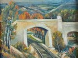 une peinture à l'huile représentant une voie ferrée passant sous un pont