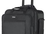 a close up of a black suitcase with wheels on a white background