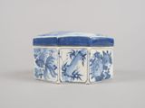 blue and white porcelain box with birds and flowers on it
