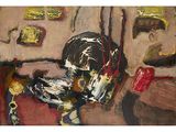 a painting of a dog sitting on a couch in a living room
