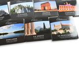 several cards with pictures of different countries on them on a white surface