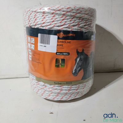 a roll of white and red rope with a horse on it