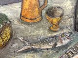 a painting of a table with fish and a bottle of wine on it