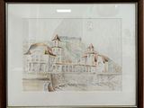 aquarelle encadrée représentant un château situé sur une colline surplombant une rivière