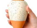 a hand holding a vase with a cork top on it