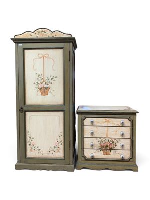 an image of a cabinet and a chest of drawers with flowers painted on them