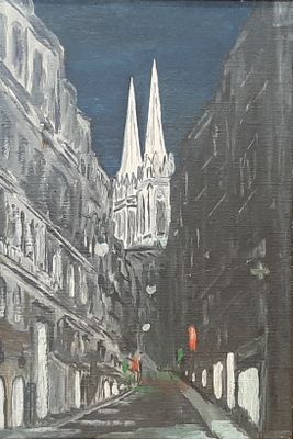 a painting of a city street with a church in the background