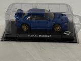 a blue toy car in a clear box on a white surface