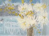a painting of a vase with yellow flowers on a table