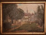 tableau représentant un paysage avec une église au loin et une personne marchant au premier plan