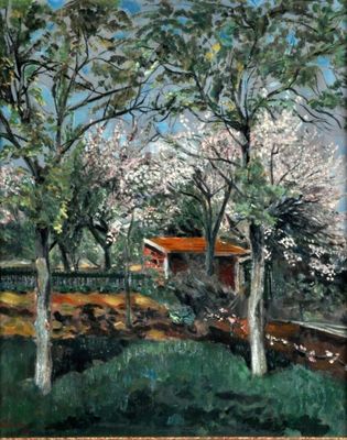 an image of a painting of trees and a house in a field