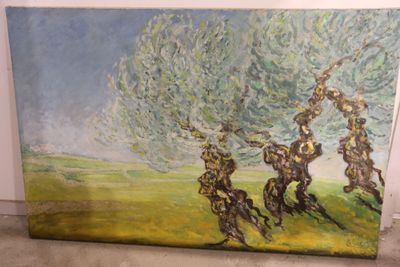 painting of a group of men riding horses in a field