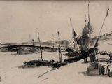 un dessin en noir et blanc représentant un bateau sur l'eau