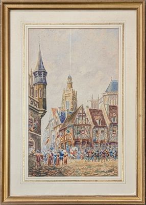 tableau représentant une scène urbaine avec une tour horloge en arrière-plan