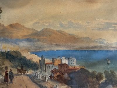 un tableau représentant une vue d'une ville au bord de l'eau