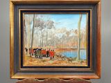 une peinture à l'huile représentant un tableau montrant un groupe de personnes au bord d'une rivière