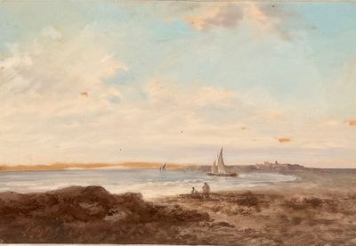 a painting of a sailboat on the water near a beach