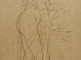 an old drawing of a woman standing with her hand on her hip