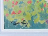 a picture of a painting of flowers in a white frame